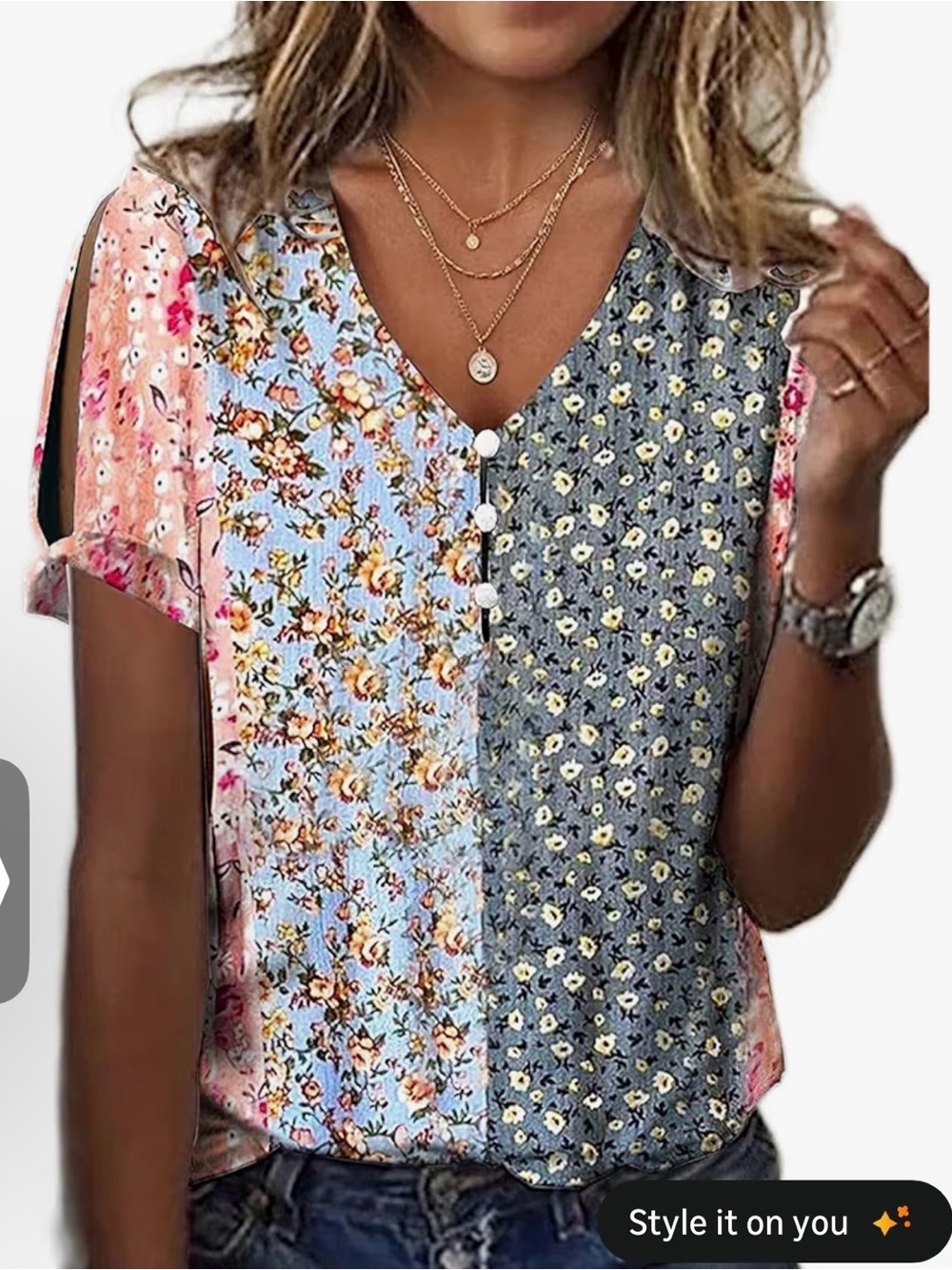 Boho Floral Patchwork Short Sleeve Blouse - Multicolor